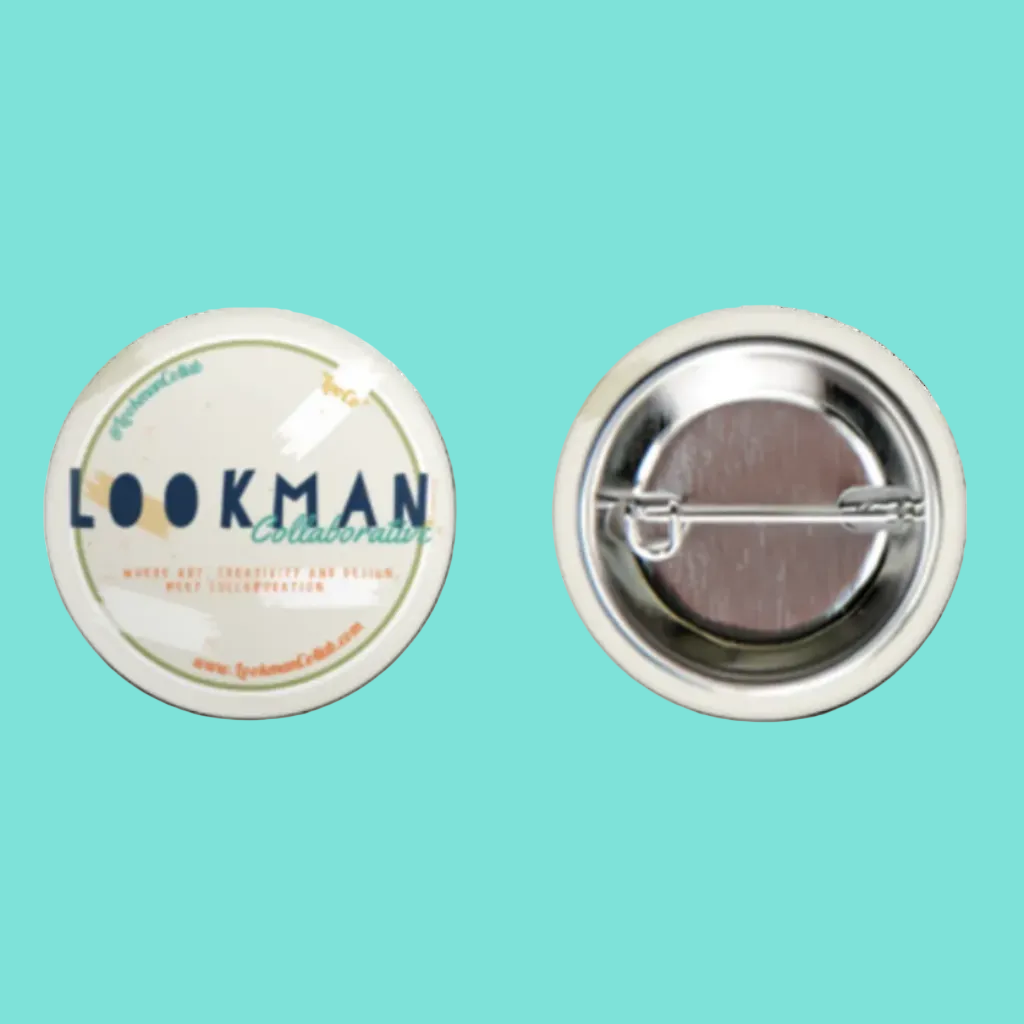 Round button badge with 'LOOKMAN' branding on a white background